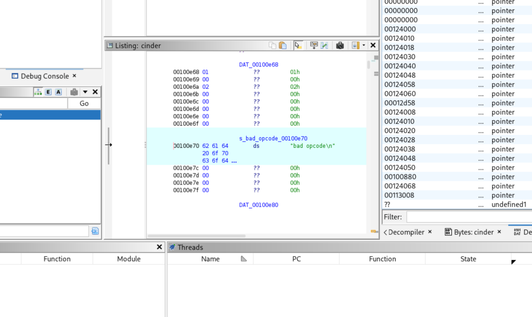 Ghidra Defined Strings window showing bad opcode